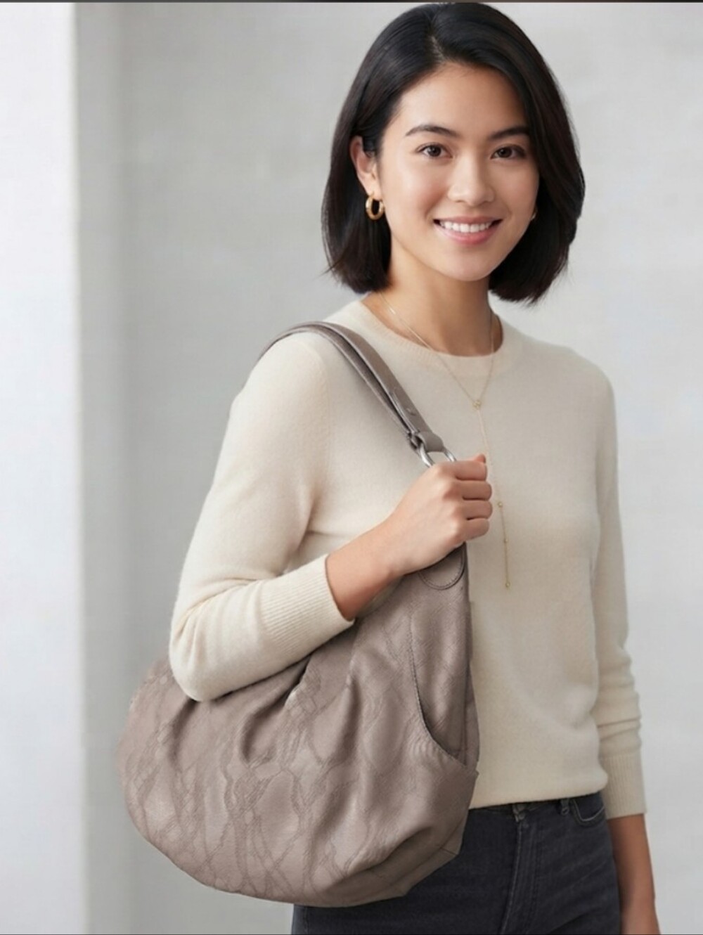 Elle Taupe Shoulder Hobo Bag with Lace-Style Texture